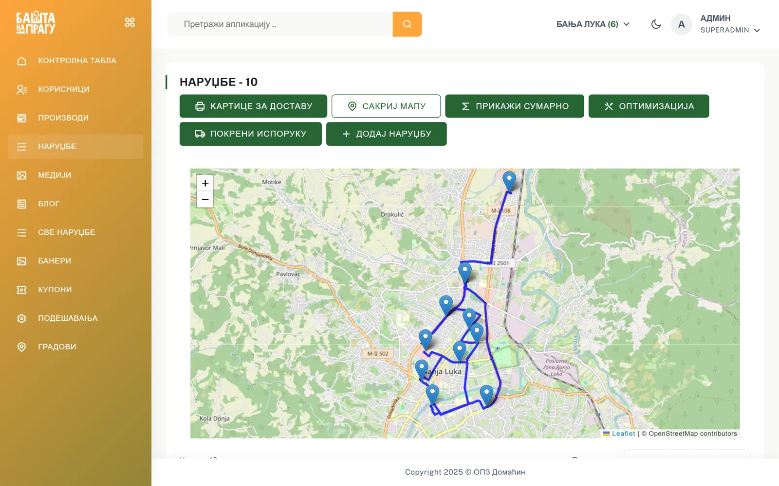 Administracija: mapa sa rutom isporuka
