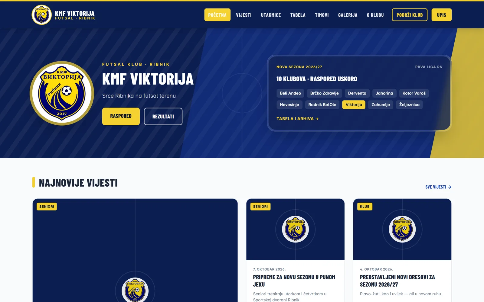 Javni sajt KMF Viktorija napravljen na platformi ClubOS