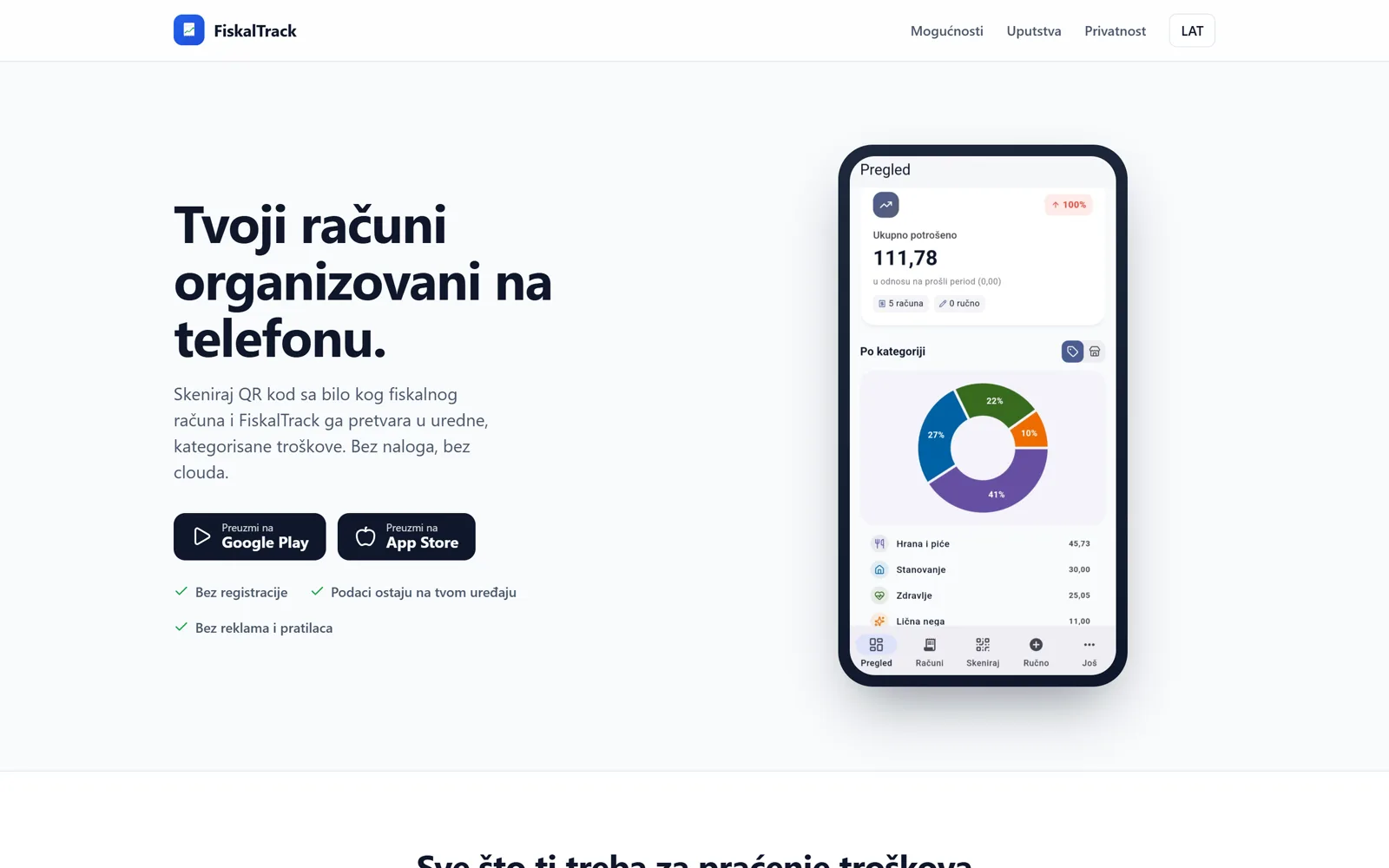 Web stranica FiskalTrack sa porukom da podaci ostaju na uređaju