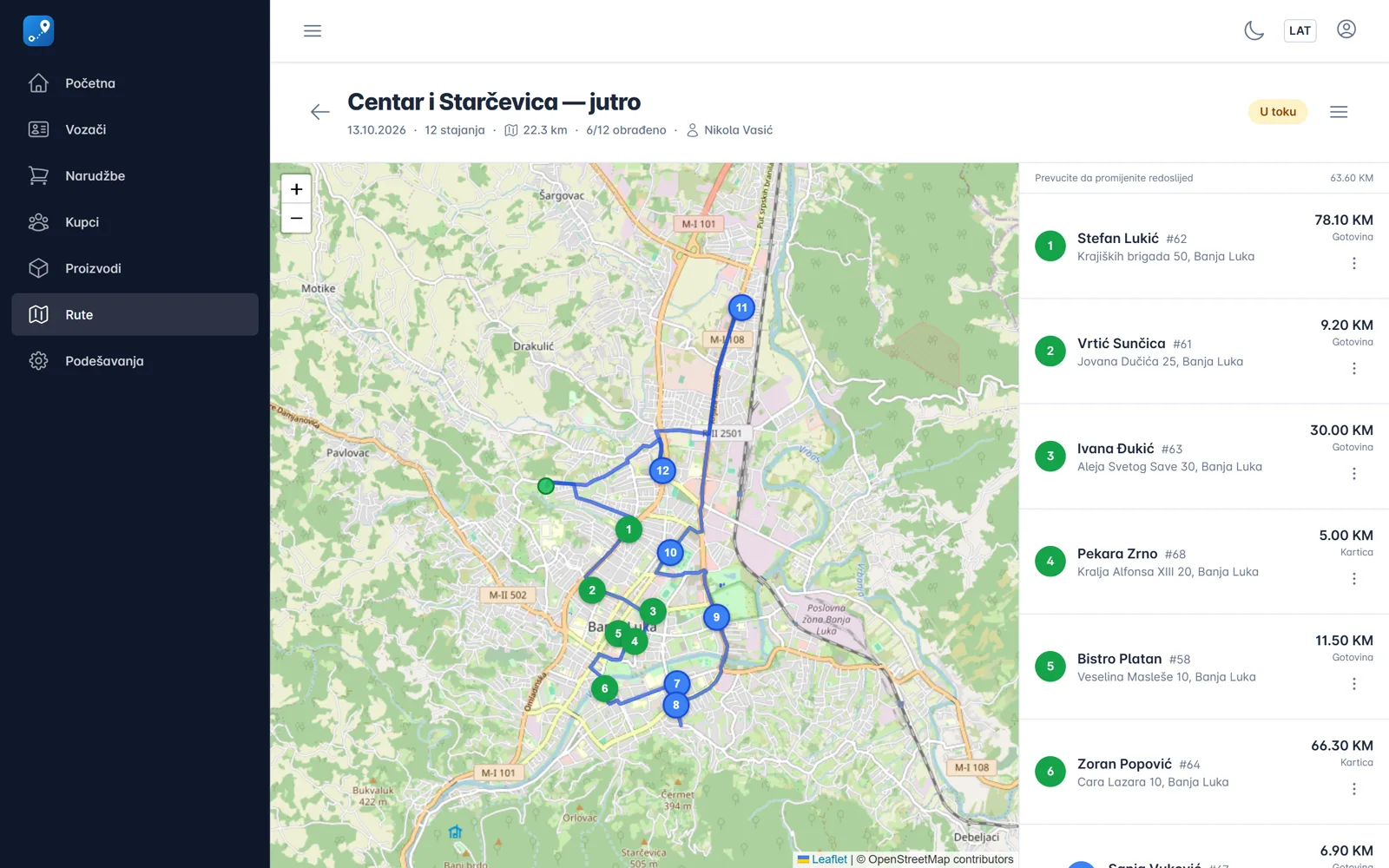 Ruta dostave u toku na mapi Banje Luke, sa redoslijedom stajališta